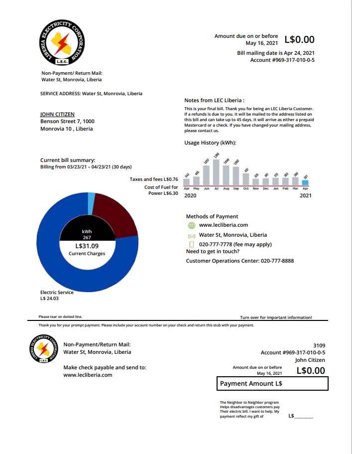 Liberia Electricity Corporation utility bill template in Word and PDF format